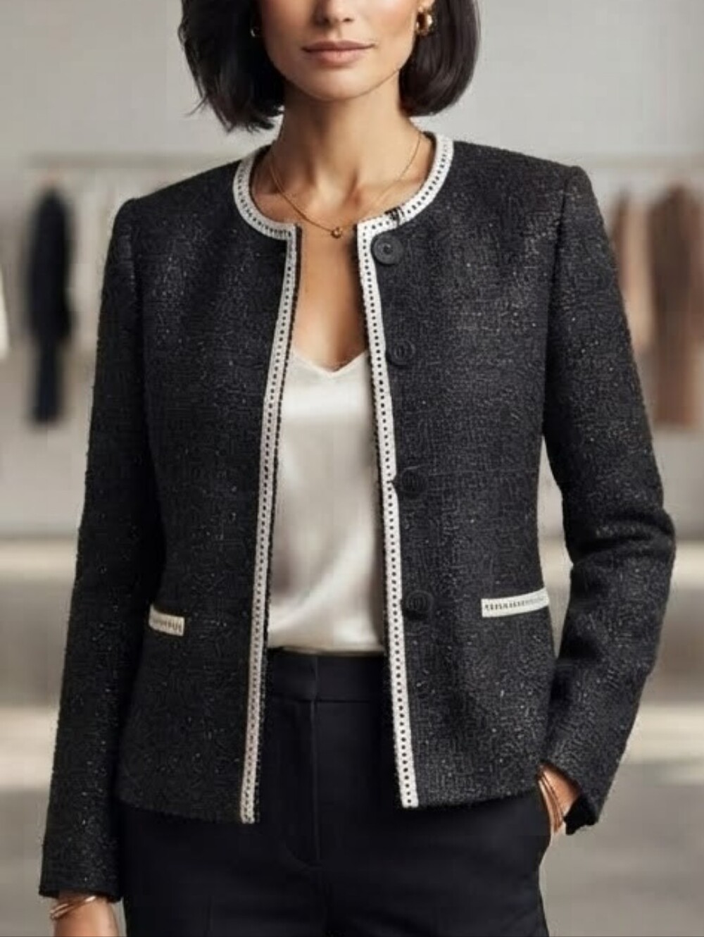 BRAND NEW wTAGS Marks & Spenser M&S Tweed Collarless Jacket w/Contrast Trim Sz 8